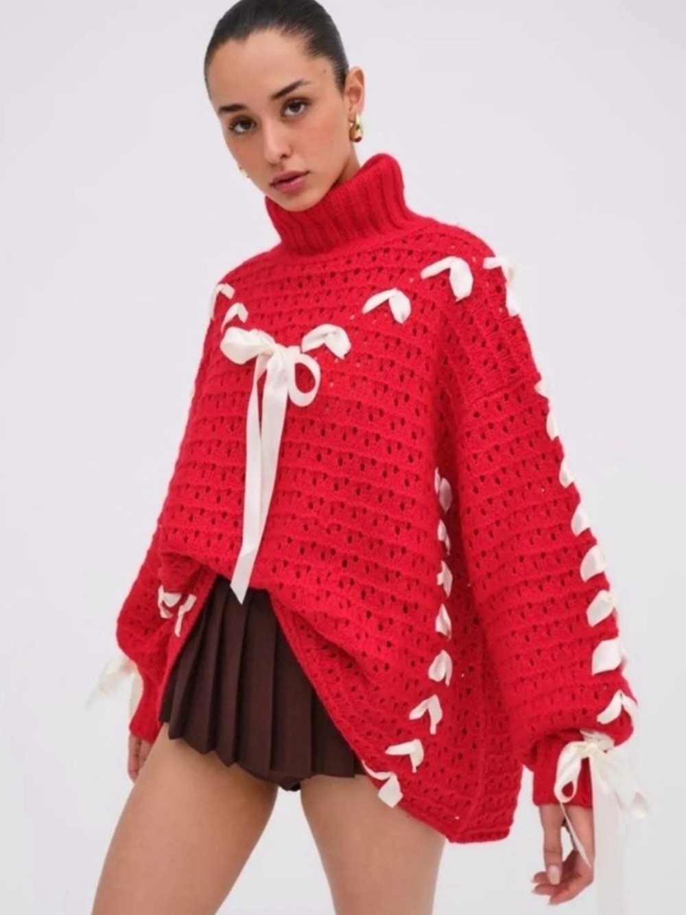NWT For Love & Lemons Liberty Sweater Red Large Ribbon Turtleneck Oversized